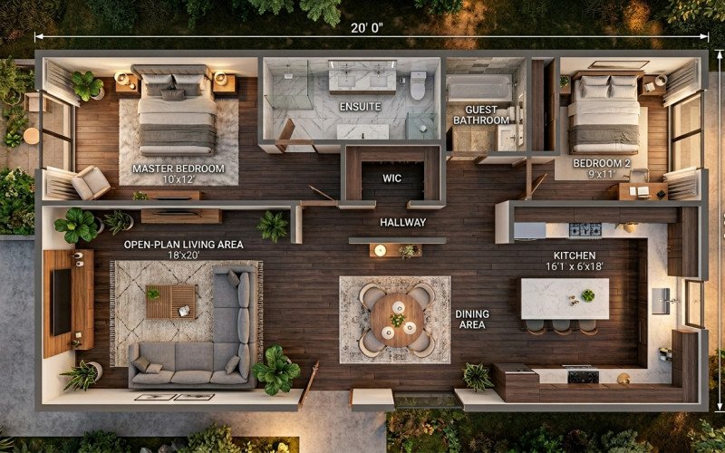 Elegant 2 Bedroom 20x50 House Interior Floor Plan