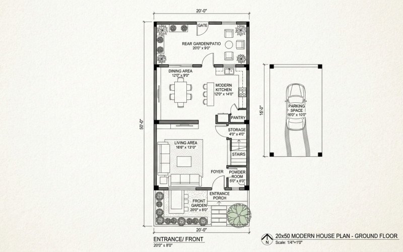 20x50 House Plan with Parking and Garden