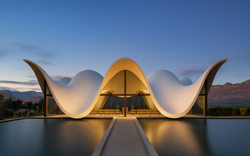 The Iconic Chapel/Structure (Wavy Roofline): The minimalist, sculptural building over the water.