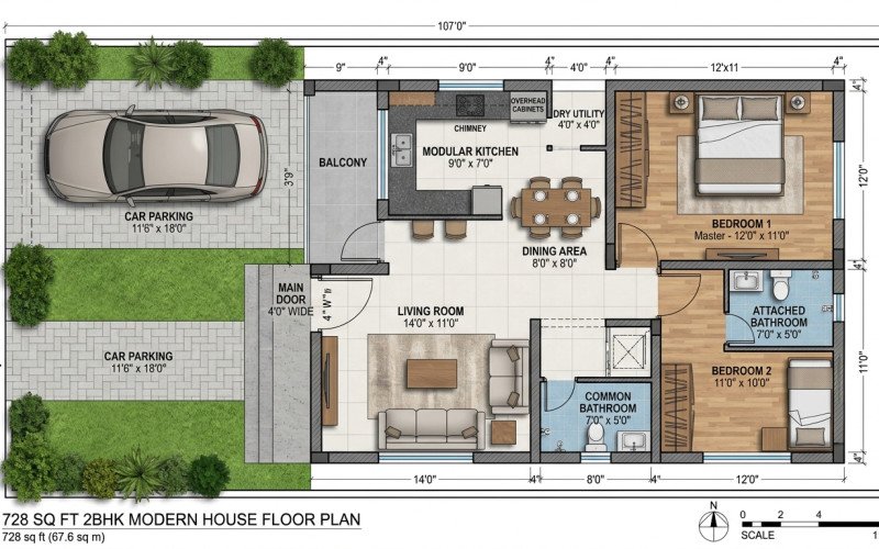 2BHK House Plan for 728 Sq Ft Plot
