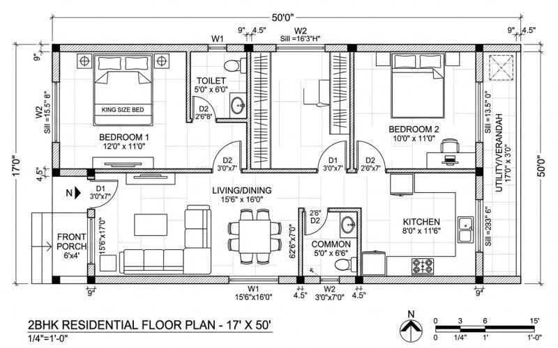 17x50 House Plan | Smart 2BHK Design
