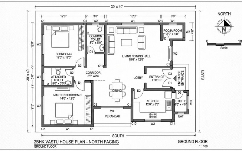 2BHK House Plan with Vastu Compliance
