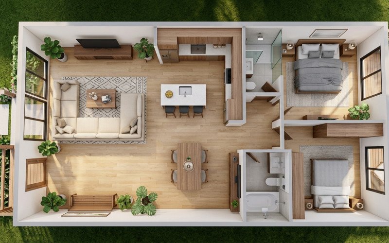 Stylish 20x50 Small House Floor Plan with Modern Furniture
