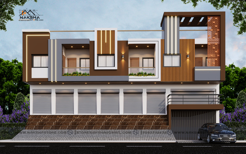Modern Commercial-Residential Elevation: Striking Brown, White, and Wooden Accents