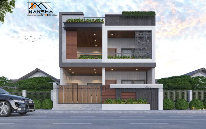 Urban Edge: Contemporary 2-Story Elevation with Grey, Black & Wood Textures