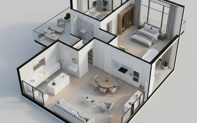 Modern House Interior: Detailed 3D Cut-Section Plan