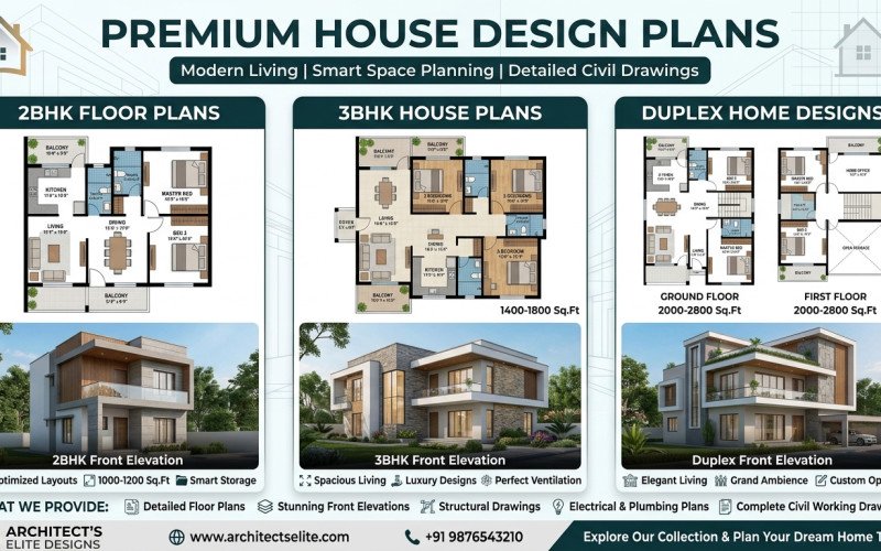 Modern House Design | 2BHK, 3BHK Floor Plans & Elevation