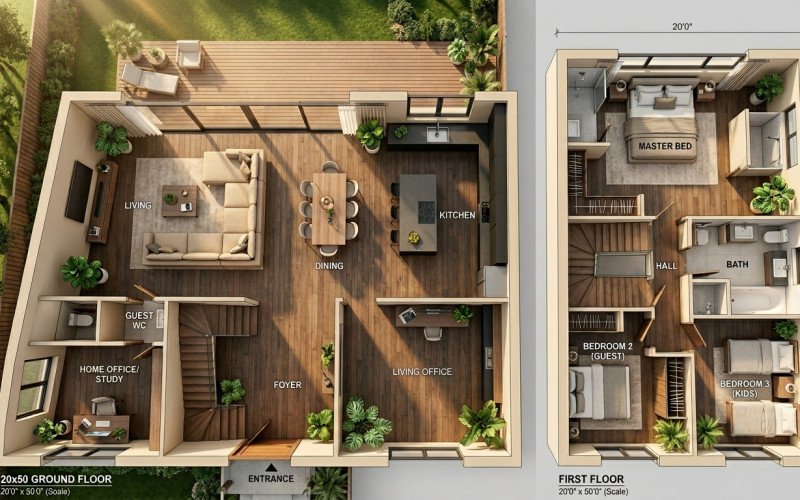Contemporary 20x50 Home Design with Luxury Interior Layout