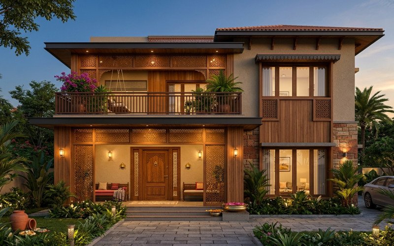 Indian Traditional + Modern Elevation Design | Fusion Style House