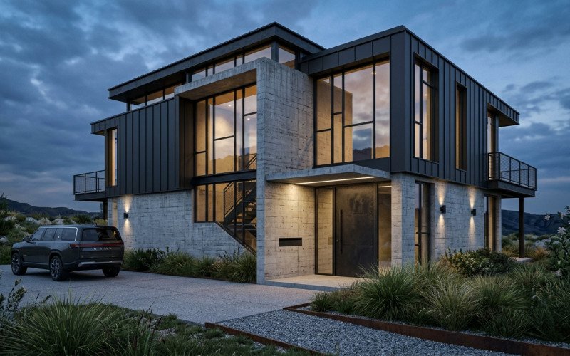 Industrial Style House Elevation | Raw Concrete Modern Design