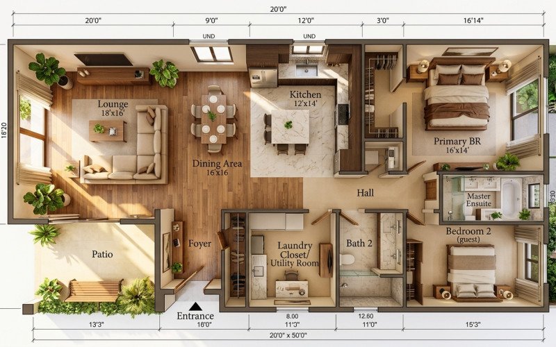 Luxury Modern 20x50 Home Plan with Realistic Interior Design