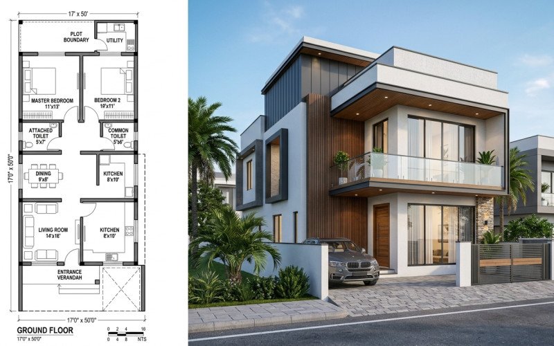 Modern 17x50 House Plan | 2BHK Smart Design