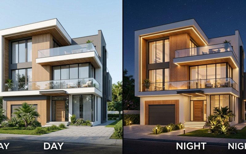 Ultra Modern 3D House Elevation Design with Balcony & Lighting | 3BHK Luxury Exterior