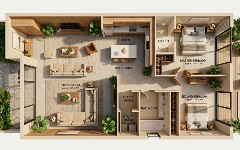 Modern 20x50 House Floor Plan Design with 2 Bedrooms