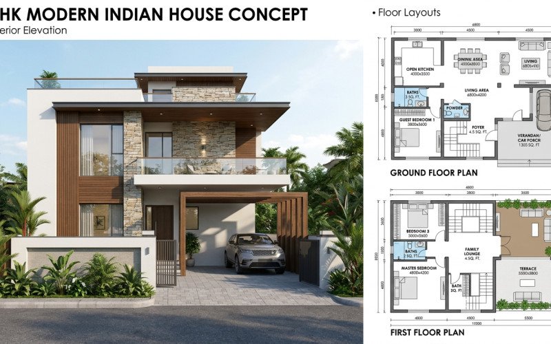 3BHK House Plan with Modern Elevation | Dream Home Design