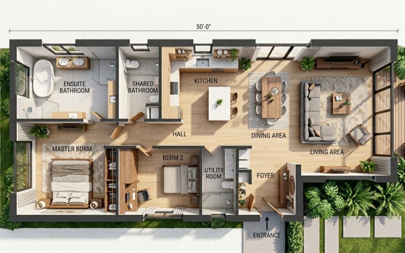 Photorealistic 20x50 House Floor Plan with Modern Living Spaces