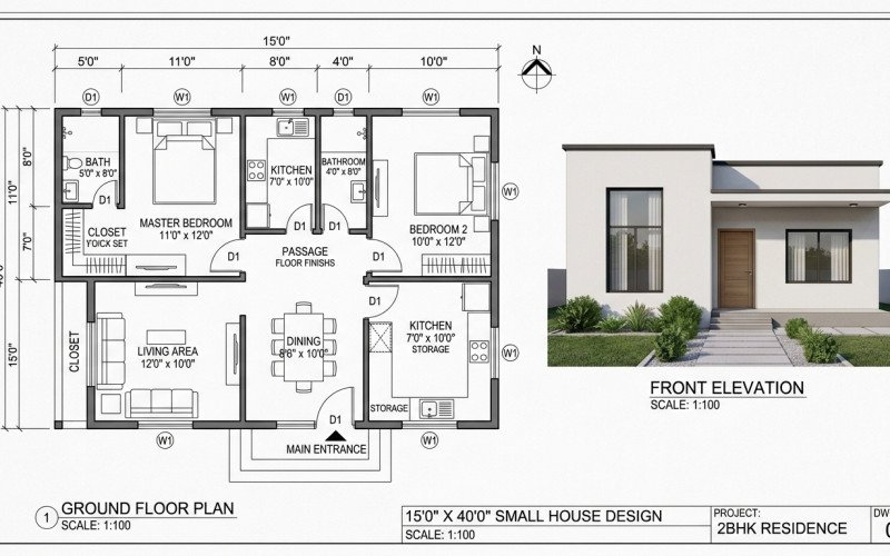 15x40 Small House Plan | Friendly Design