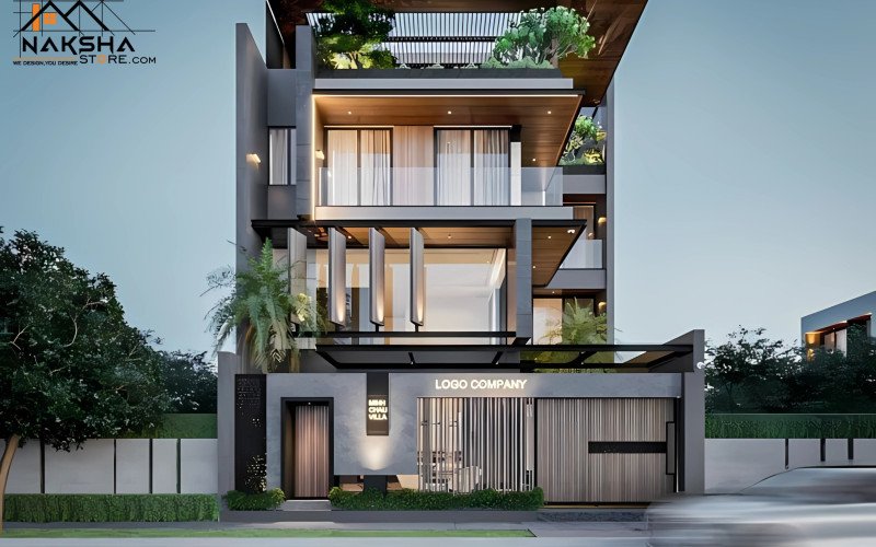 Urban Shadow: Ultra-Modern Multi-Story Elevation with Dark Palette and Slatted Accents