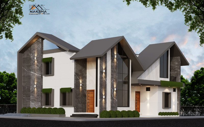 Ultra-Modern Gabled Home: Dynamic Design with Marble Texture Accents