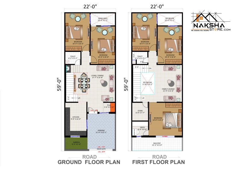 22×59 House Floor Plan Design | Modern 3BHK Duplex Home Plan