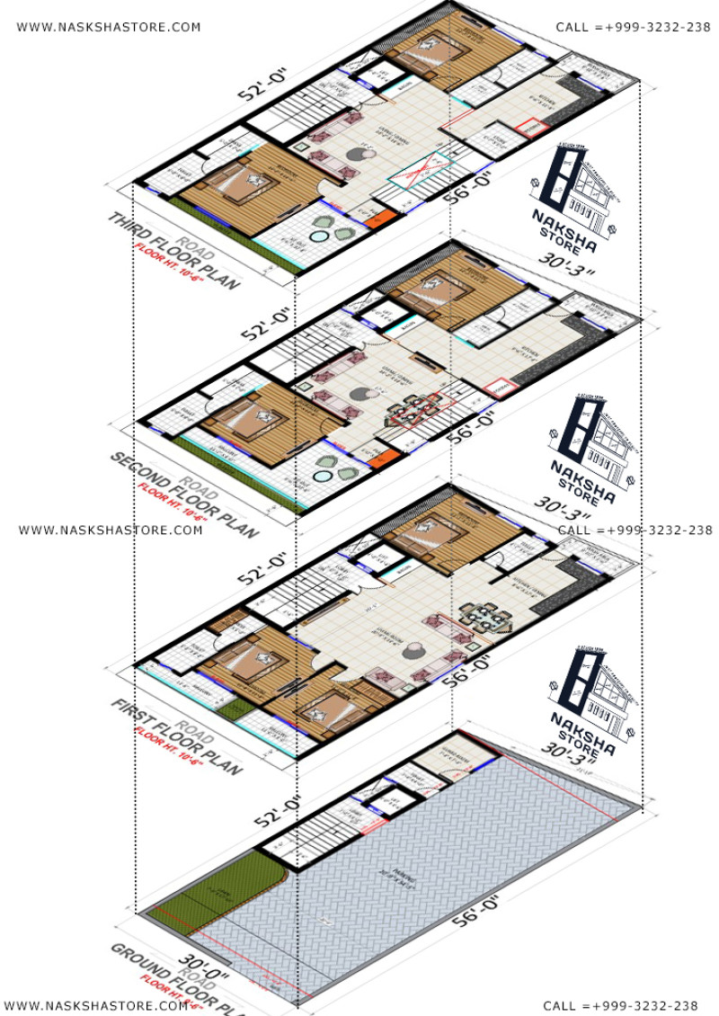 30x50 (G+3) Floor Planning Iso