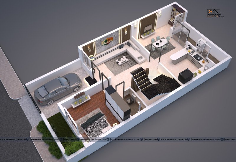 Modern 3D Ground Floor House Plan – Stylish Layout by Naksha Store