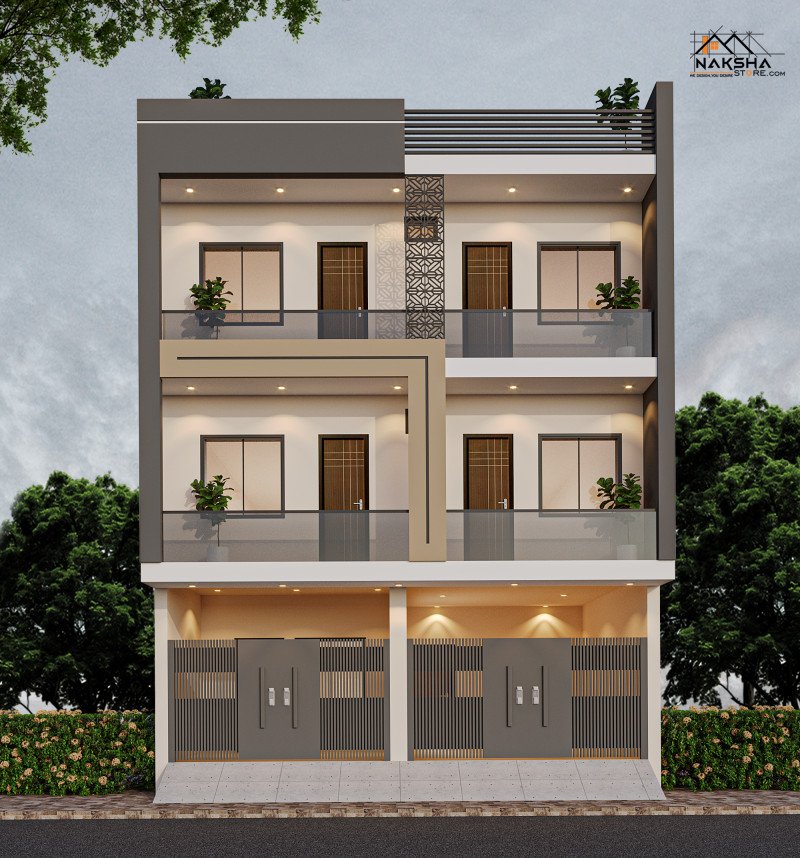 Modern G+2 House Elevation Design | Contemporary Front Elevation | Naksha Store